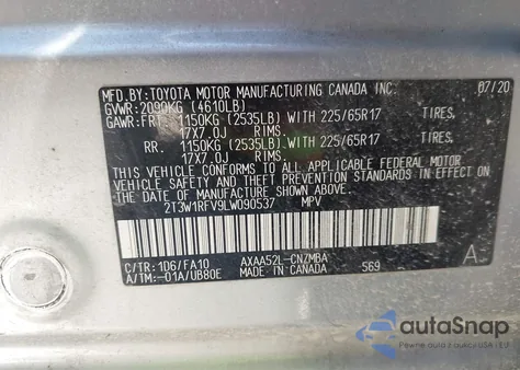 2020 Toyota Rav4 Xle из США, поврежденный, VIN 2T3W1RFV9LW090537